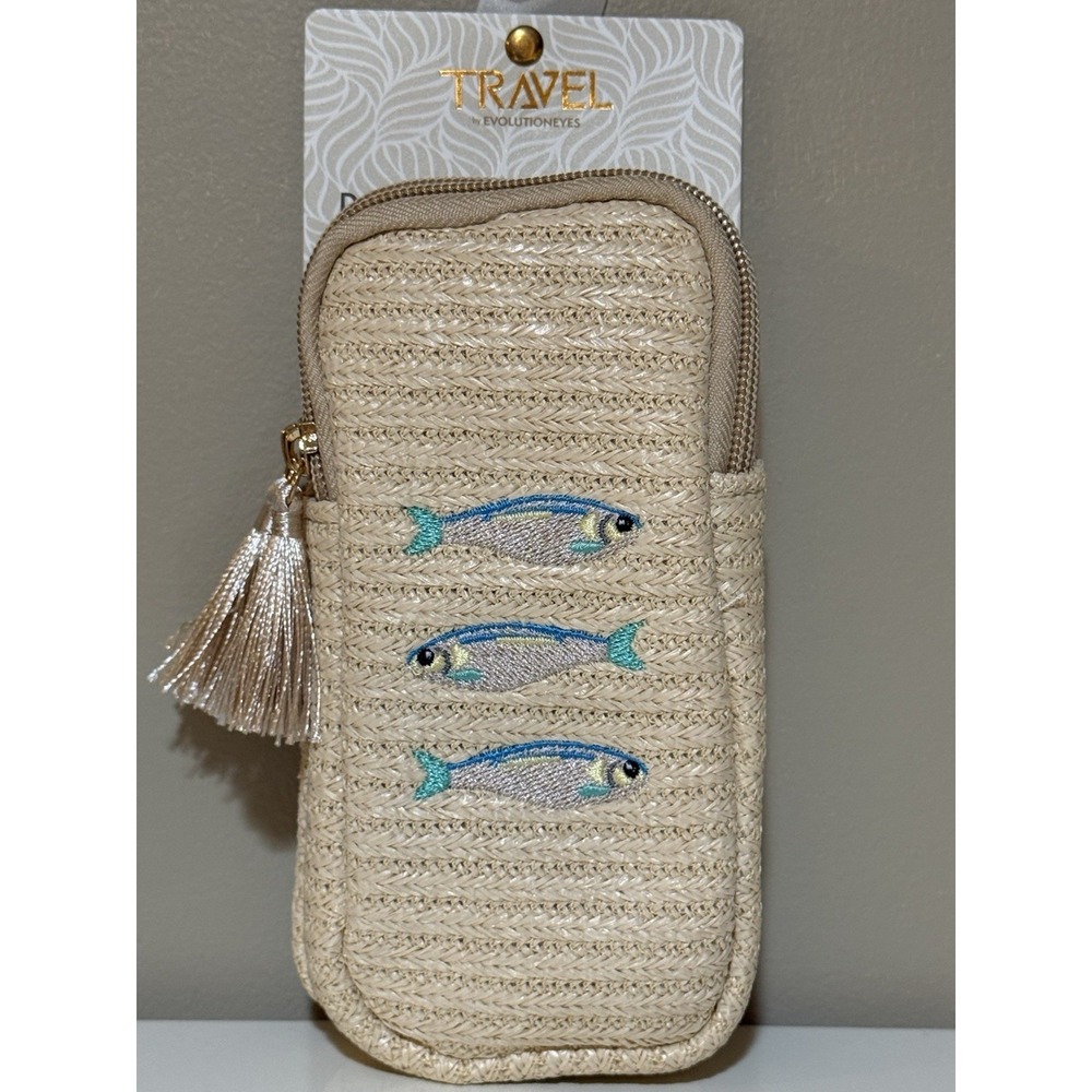EVOLUTION EYES TRAVEL DOUBLE EYEGLASS CASE SARDINE FISH 17 x 3 STRAW NWT